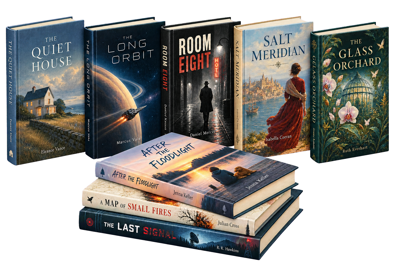 Eight illustrative published books in varied literary and genre styles